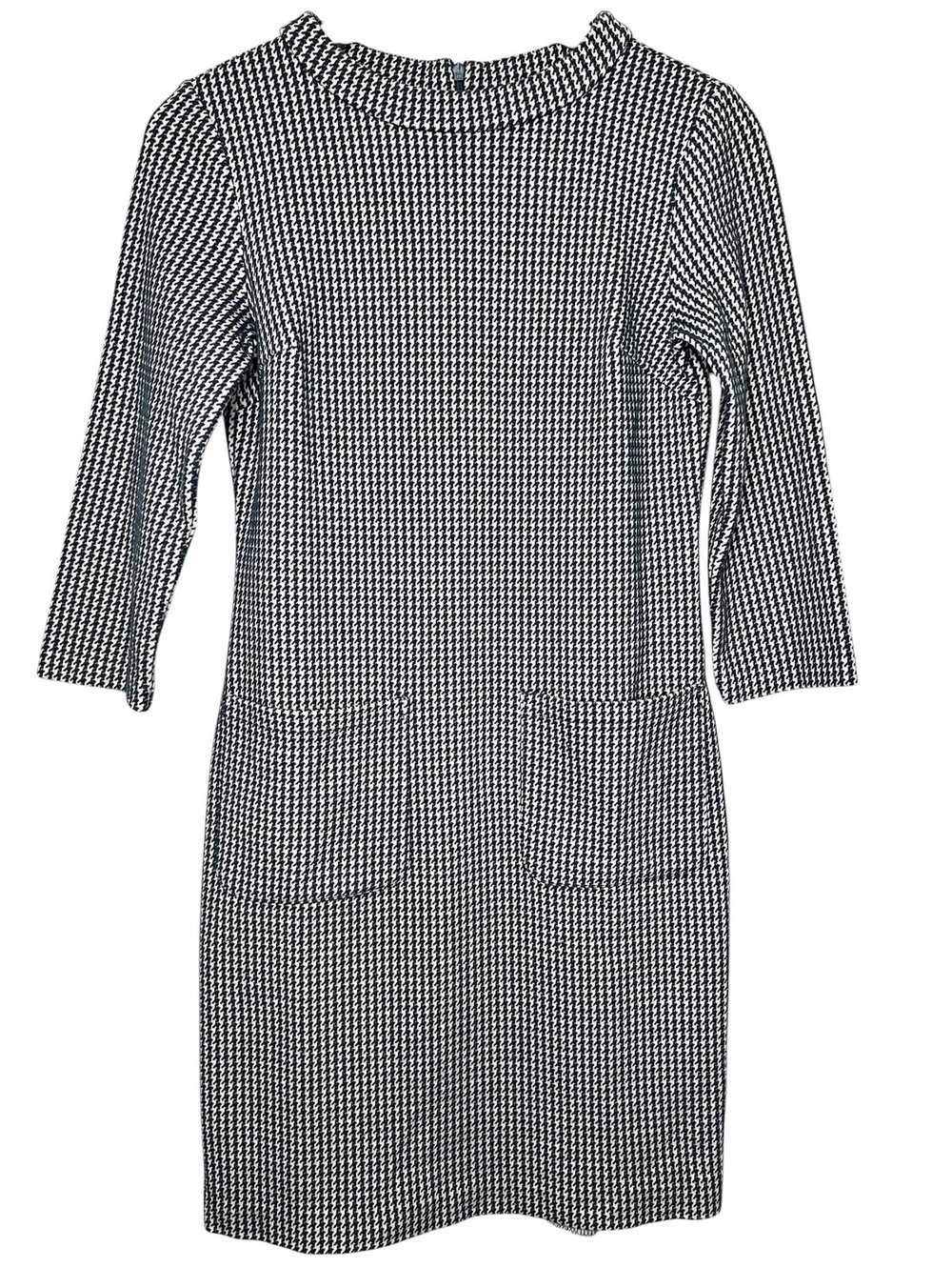 Boden Houndstooth Shift Dress Petite Size 6P Blue Pink 3/4 Sleeve Pockets - Flaw
